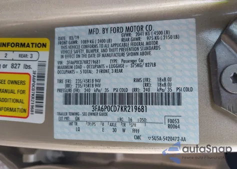 2019 Ford Fusion Sel z USA, uszkodzony, nr VIN 3FA6P0CD7KR219681